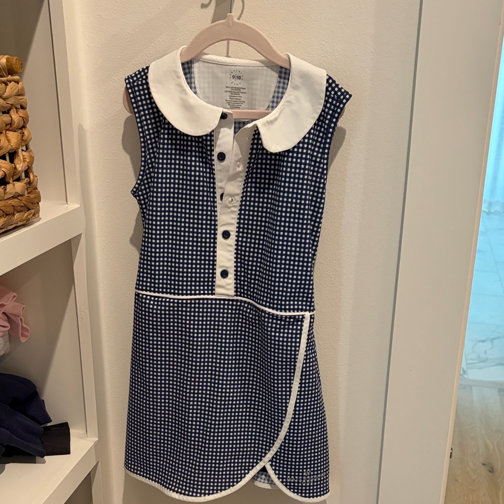 Girls Navy Gingham Sleeveless Dress with White Peter Pan Collar